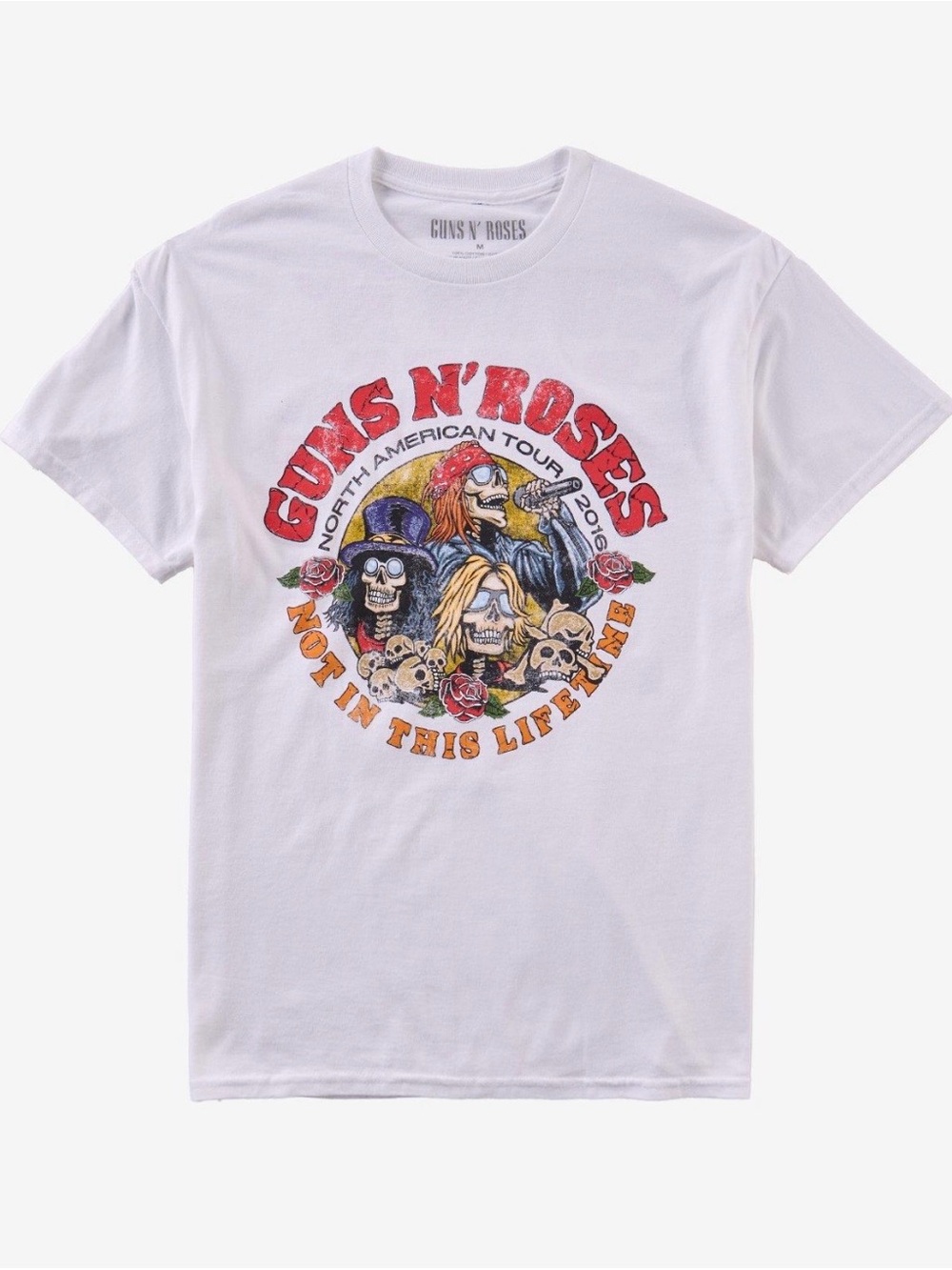 Hot Topic White Guns N' Roses Graphic Tee with Red and Yellow Print